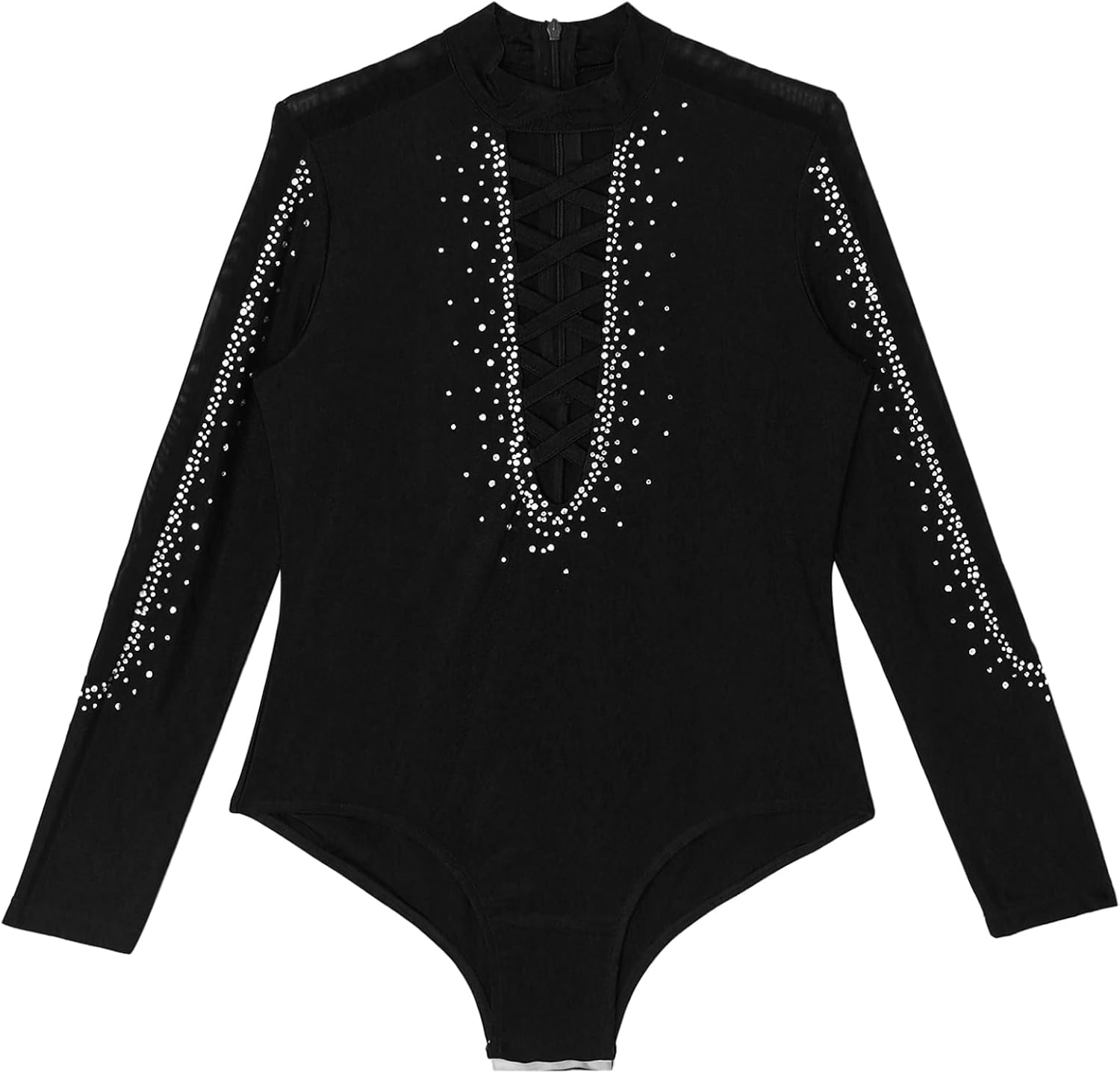 Jhaoyu Kids Boys Glittery Rhinestones Dance Leotard Long Sleeve Crisscross Strappy Front Mesh Patchwork Gym Bodysuit