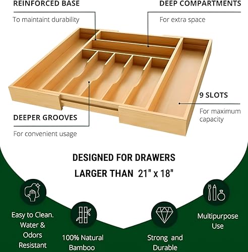 Miniatura 6 de Organizador de cajones de cocina con base reforzada y divisores, organizador de cajones de cubiertos expandible, soporte de utensilios de bambú para