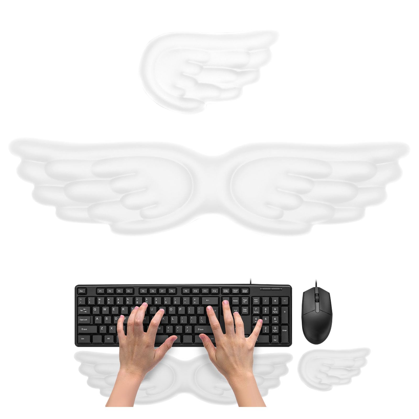 Keyboard Wrist Rest and Mouses Mat Wrist Support, Cute Angel Wing Comfortable Memory Foam Mouses Pad Wrists Support Cushion with Anti-Slip Grip Keyboard Rest for PC/Gaming/Hand Cushion/Computer(white)