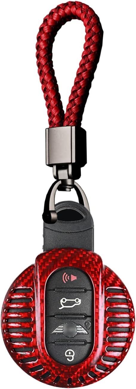 SANRILY Hollow-Out Style for Mini Cooper Key Fob Cover Clubman Countryman Hardtop Convertible 2016-2021 True Carbon Fiber Key Case for BMW Mini Keyless Key Shell with Braided Rope Key Chain Red