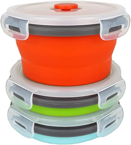 ECOmorning Contenedor redondo plegable para almuerzo de silicona de 3 piezas, contenedor plegable para almacenamiento de alimentos con tapas