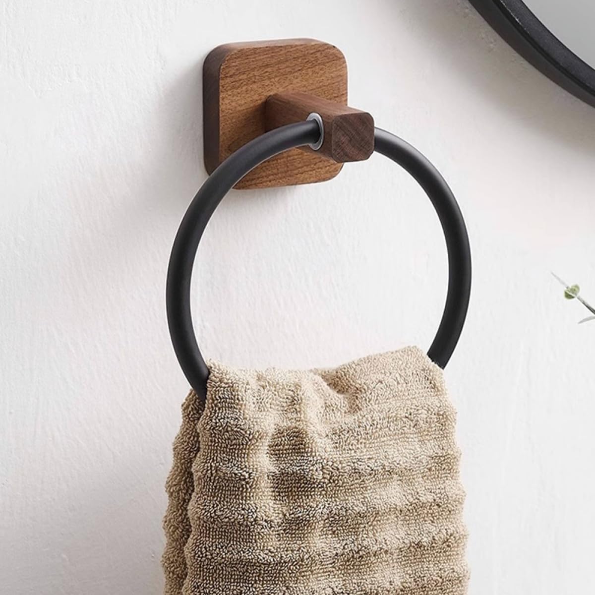 Didiseaon Toallero de Aro para Baño Soporte para Toallas de Mano sin Taladro Estilo Rústico en Madera de Nogal Diseño Seguro Esquinas Redondeadas Adecuado para Baño y Cocina