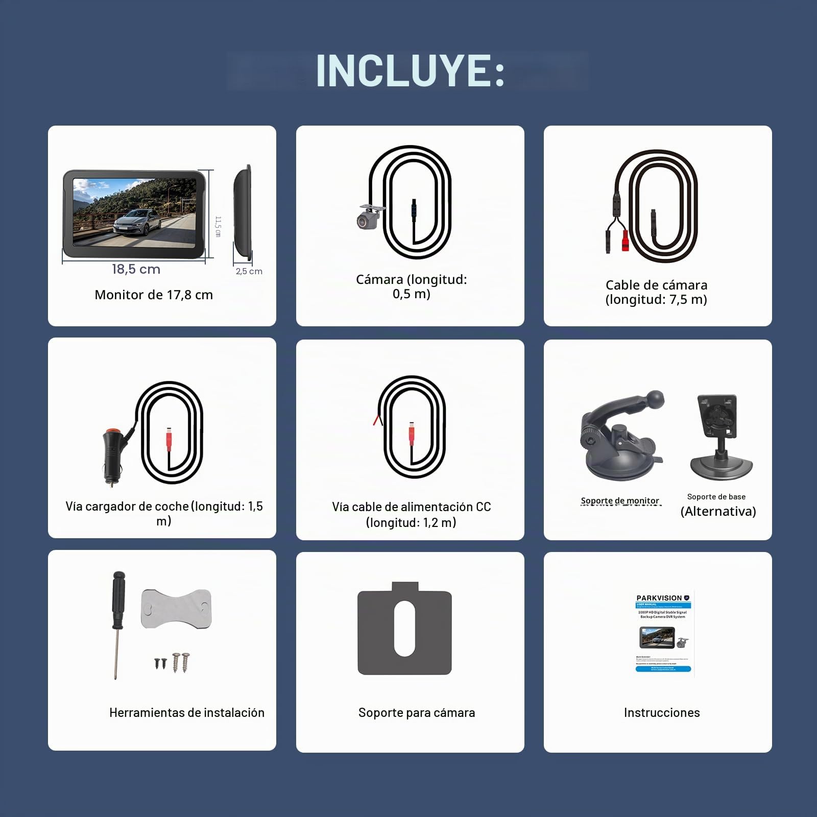 PARKVISION Kit Marcha Atrás 7" Cableado Coche 12V | LCD nítido, líneas ajustables, plug-play mechero, señal estable, sin interferencias