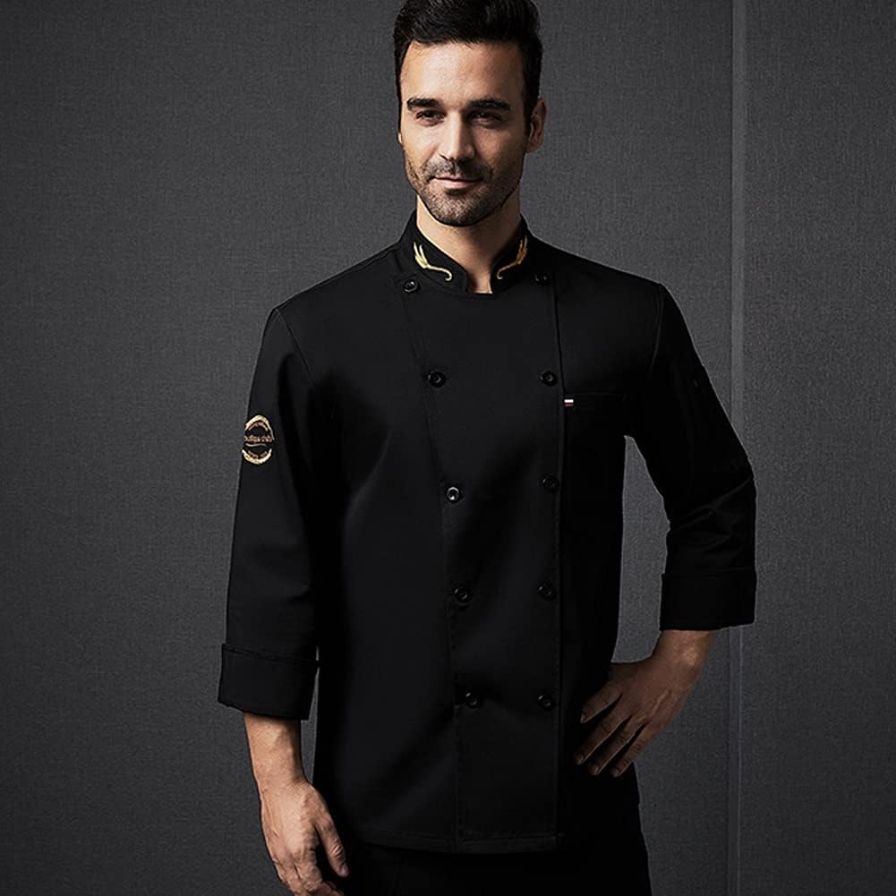 Chef Coat, Unisex Chef Coat Jacket, Hotel/Kitchen Long Sleeved Double Breasted Uniform for Men and Women, Breathable Kitchen Work Wear(Black_A(M))