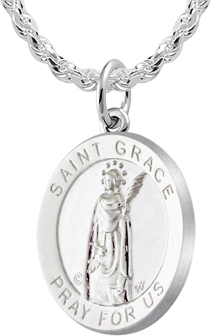 US Jewels Ladies 925 Sterling Silver 18.5mm Saint Grace Medal Pendant Necklace, 18in to 24in