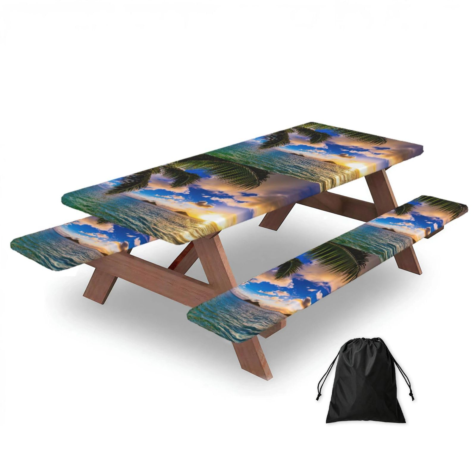 Yqxwjl Black Tropical Hawaii Palm Tree Ocean Sea Sunset Print Camping Essentials Waterproof Camping Table And Bench Cover With Drawstring Bag 183 Cm