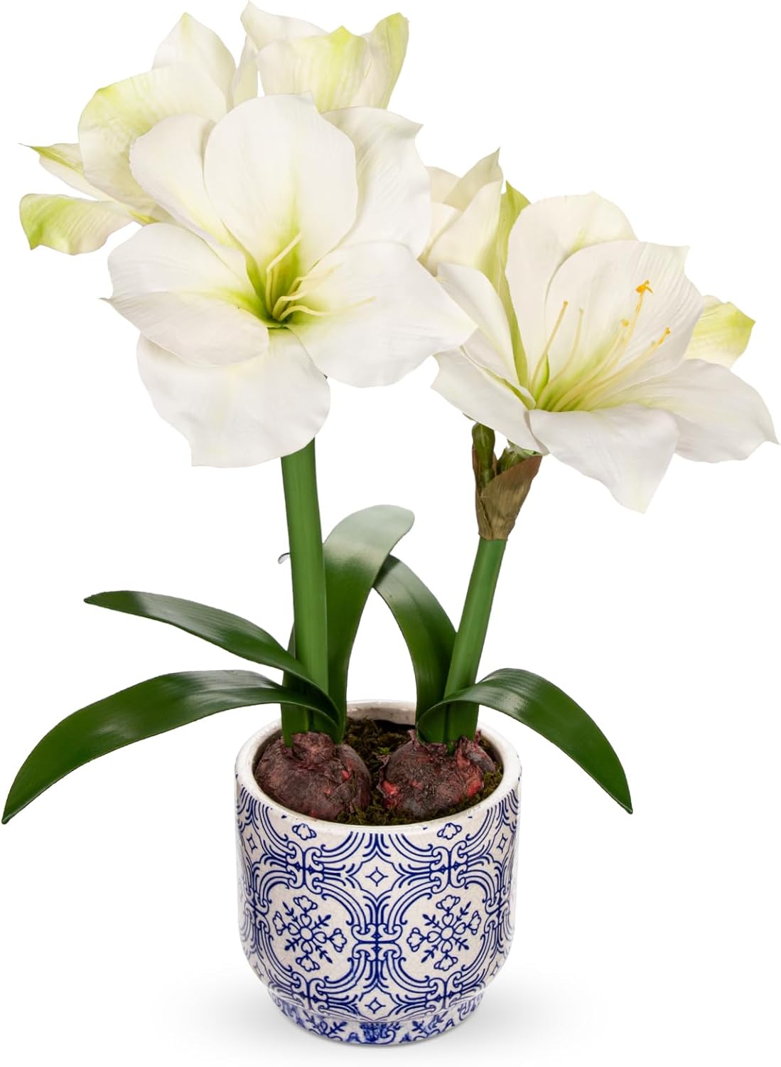 Briful Amaryllis Artificial Flowers in Blue Ceramic Pot 18.1" Faux White Amaryllis Flower Arrangement with Decorative Bulbs Moss Silk Amaryllis Plant for Home Office Bathroom Table Décor