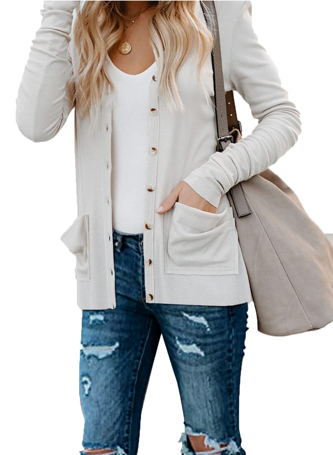 NaggooWomen's Cardigans Button Down Solid Knit Loose Cardigans with Pockets