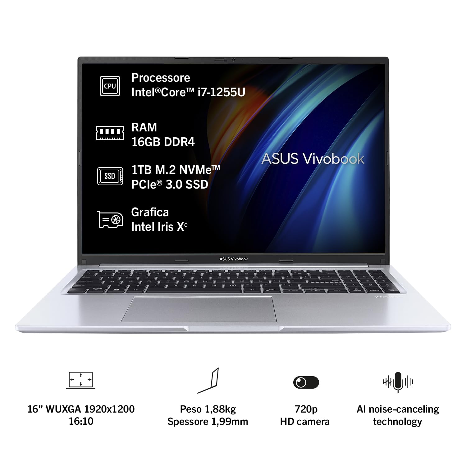 Asus Vivobook 16 F1605ZA#B086ZSCKNS, Notebook con Monitor WUXGA 16:10 da 16" Anti-Glare, 60Hz, Intel Core 12ma gen i7-1255U, RAM 16GB, 1TB SSD PCIE, grafica Intel Iris Xe, WIN 11 HOME, Argento