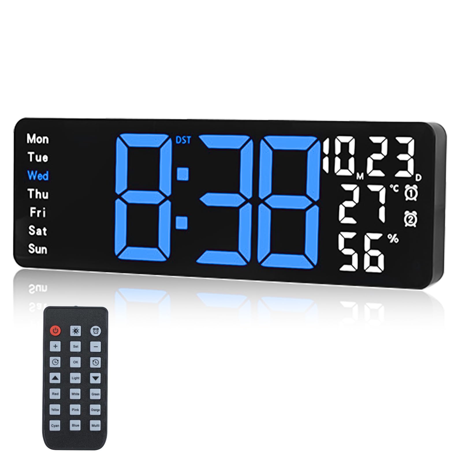 Digitale Wanduhr, großes Display, 43,9 cm (17,3 Zoll) Digitaluhr mit RGB-Farb-Fernbedienung, automatische Dimmung, große Wanduhr mit Nachtlicht, automatische DST, Datum, Woche, Temperatur für