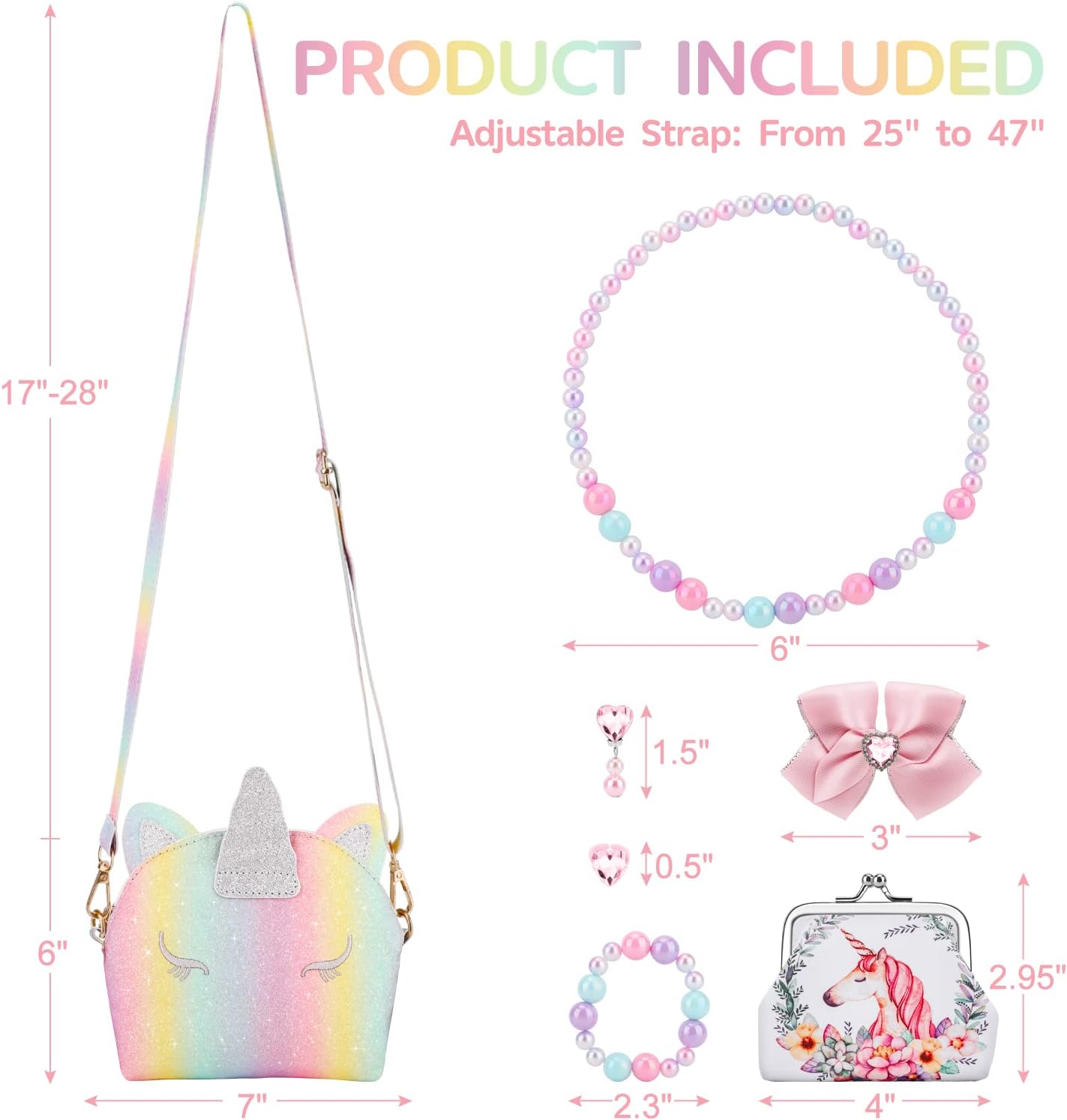 JYPS 7-Piece Unicorn Princess Purse Set - Girls' Dress-Up Accessories with Jewelry & Wallet - Pretend Play Toys for Ages 3+