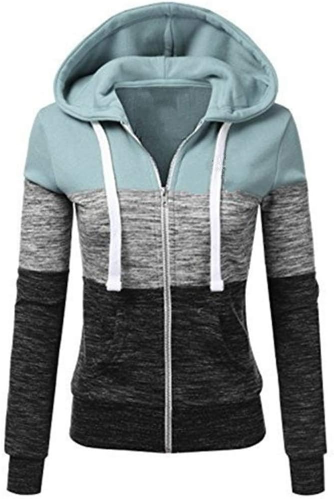 NewbestyleHoodies for Women Color Block Hooded Sweatshirt Basic Zip-Up Jersey Jacket Long Sleeve Top with Pockets Plus Size