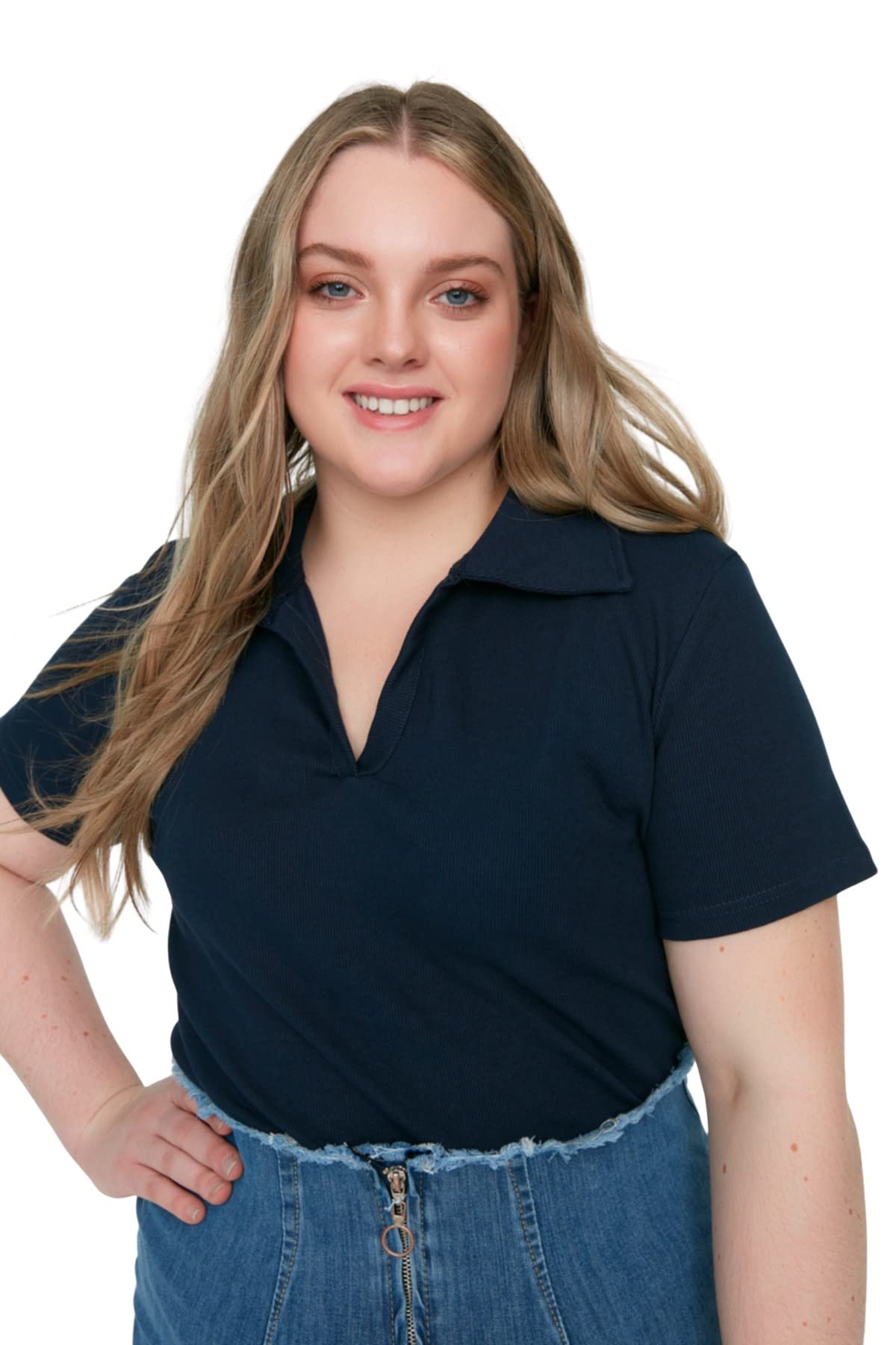 Trendyol Women Plus Size Regular fit Bodycone Polo Neck Knitted Plus Size Blouse Navy Blue