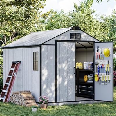 DNYKER 8 x 10 FT Resin Outdoor Storage Shed with Floor, Plastic Outdoor Storage Tool Shed with Windows and Lockable Door, Patio Garden Shed for Lawnmower, Bike, Pool Supply