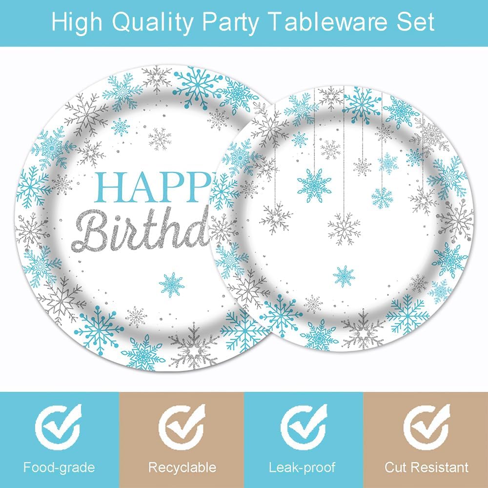 96Pcs Winter Snowflake Happy Birthday Party Tableware Supplies Winter Wonderland Plates and Napkins Winter Xmas Birthday Party Set Decorations Serve 24 Guests - Image 3
