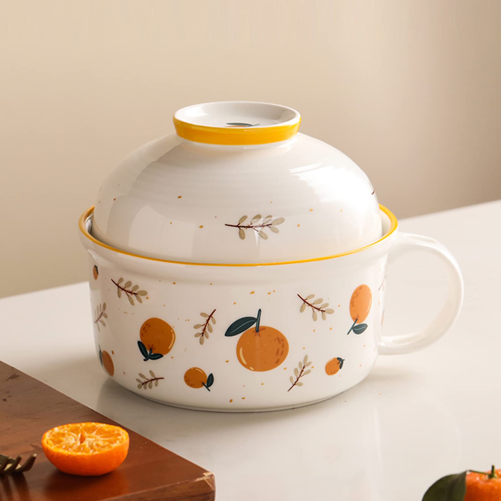 Ceramiczna Miska Na Makaron Instant, Śniadanie/Obiad Z Uchwytem I Pokrywką, Bezpieczna Do Mikrofalówki, Zupa, Sałatka, Płatki Zbożowe, Do Biura W Akademiku - 750 Ml + 390