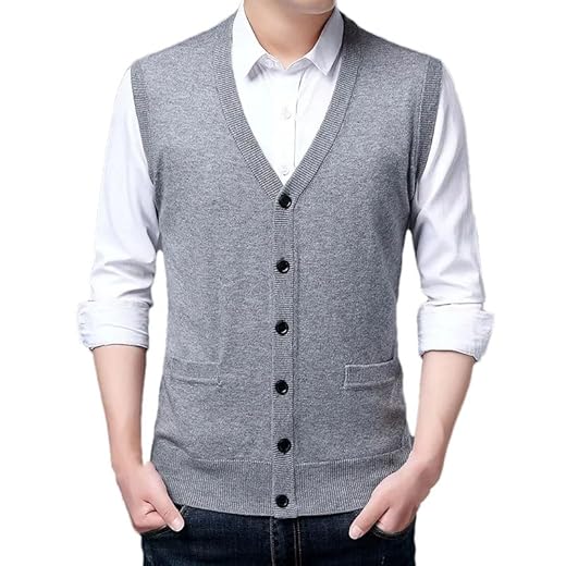 Men V Neck Knit Vest Sweater Woolen Casual Cardigan Waistcoat Business Golf Tank Tops, Light Gray9, 3XL