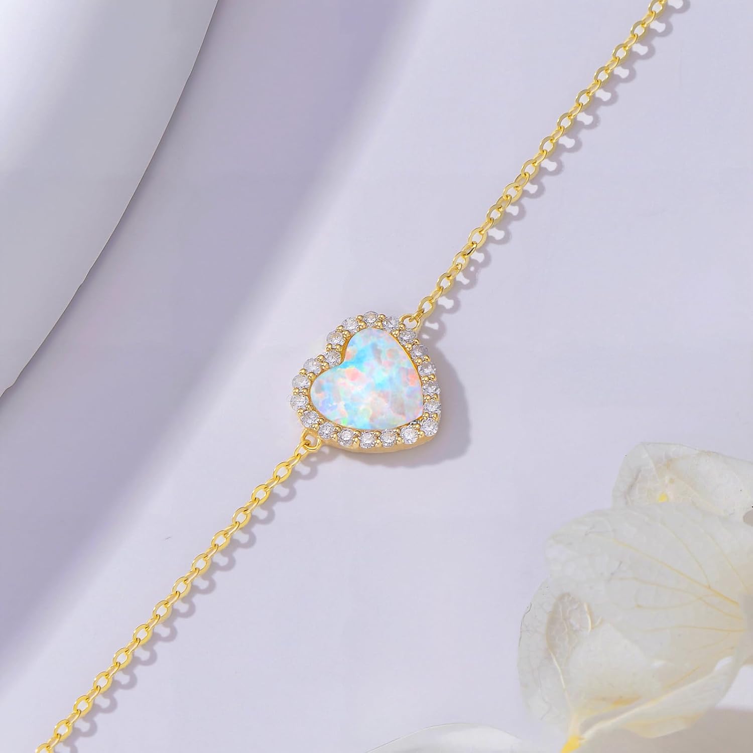 10k Gold Simulated Opal and Created Moissanite Heart Bracelet for Women, 6.2-7.8 Inches