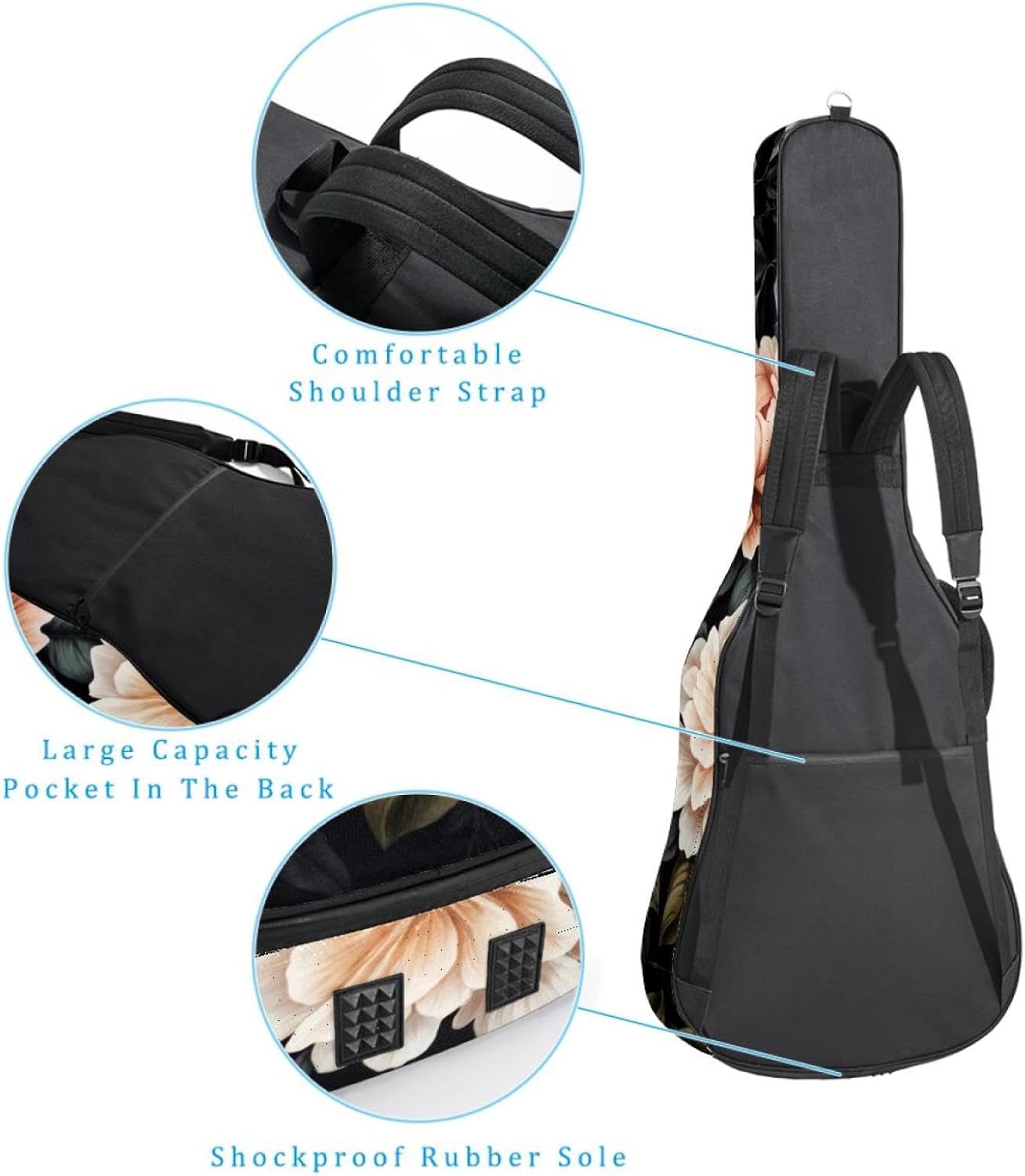 40 41 42 Inch Guitar Bags, Waterproof Padded Acoustic Guitar Case Backpack with Adjustable Shoulder Strap & Pockets, Black Penoy Floral
