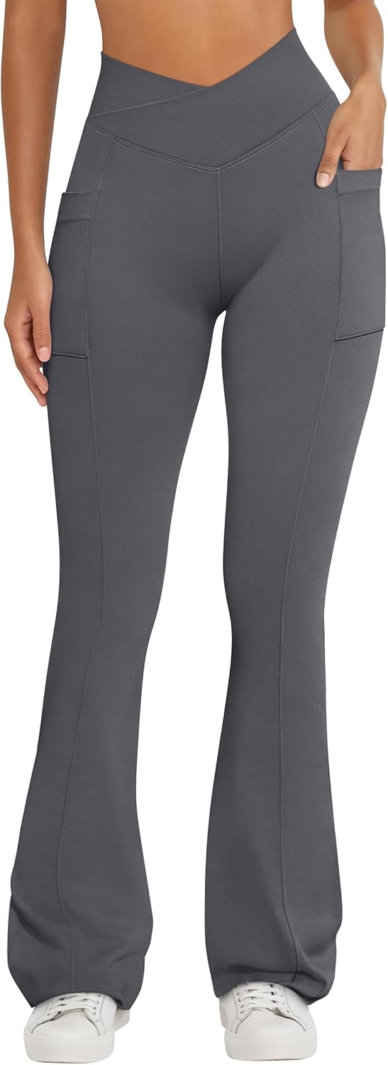 OQQ Women Pants Soft Active High Waist Crossover Flared Trousers with Pockets
