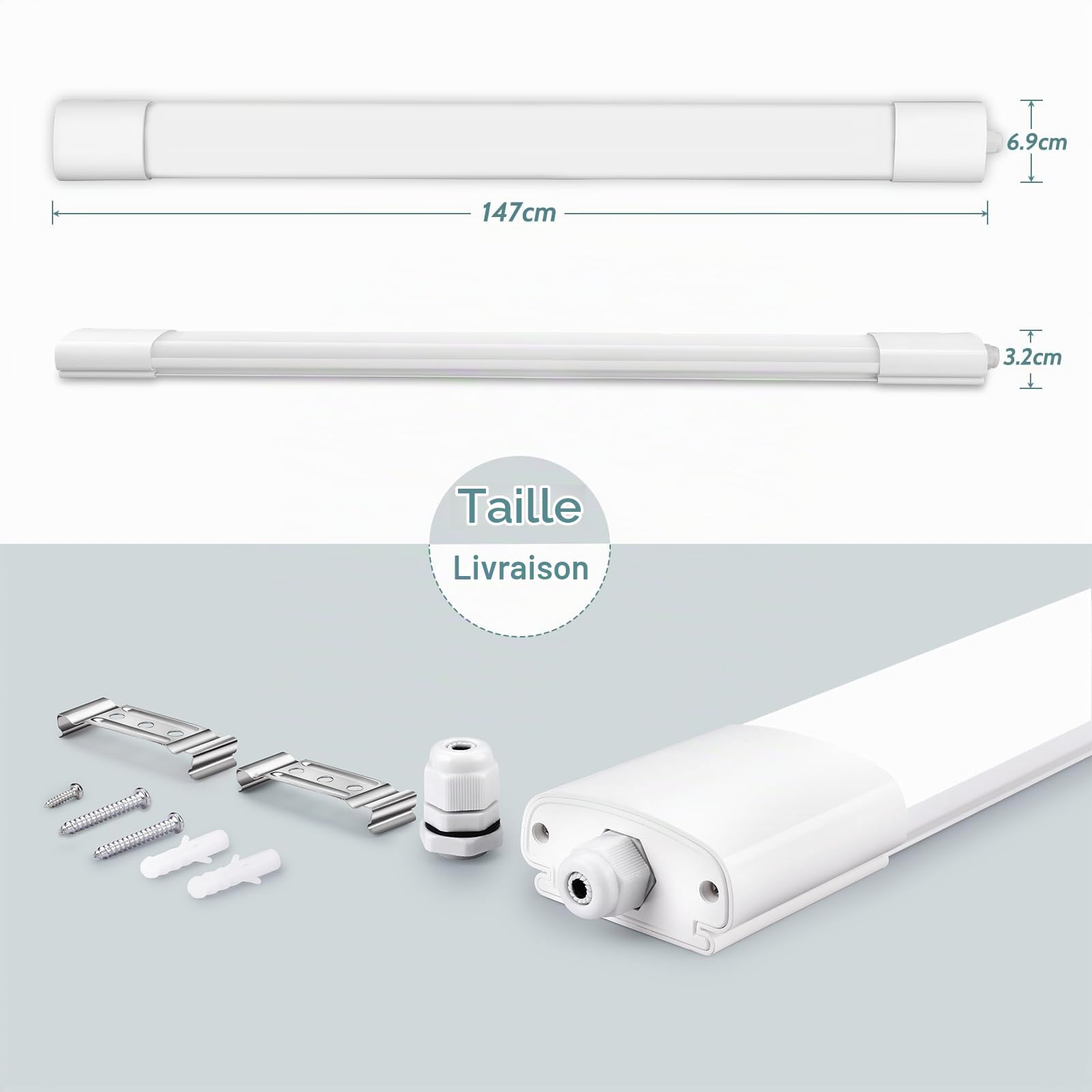 Neon LED 150 CM, 45W 4000LM Reglette, IP65 Tube, 4000K neutre blanc Néon, Connectable, Eclairage Garage, Lampe Fluorescente étanche