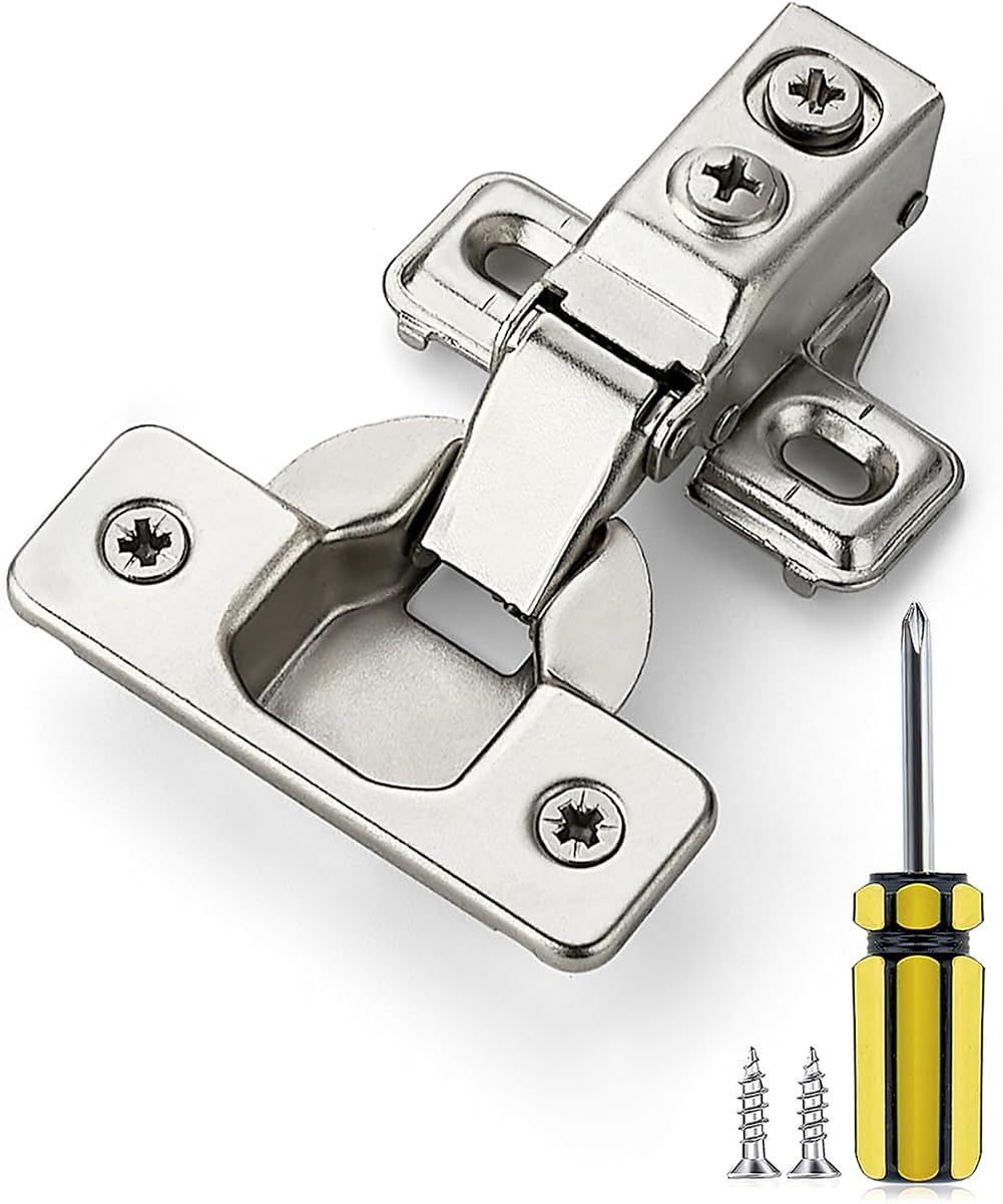 Ravinte 2 Pack 1 Pairs 1/2 Inch Overlay Brushed Nickel Short Arm Kitchen Cabinet Hinges,Soft Close 105 Degree Concealed Hinges with Screwdriver and Mounting Screws Used for Face Frame Door