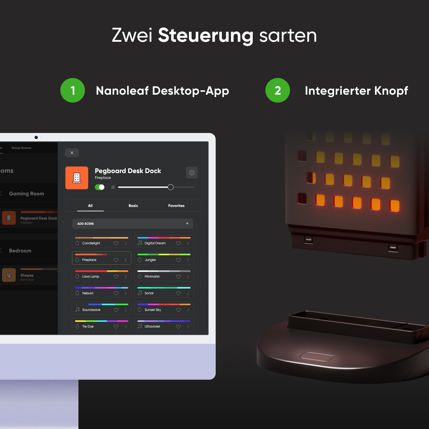 Nanoleaf Pegboard Gaming Dock, 3 in 1 RGBIC Tischlampe mit Controller/Kopfhörer Halter, Doppelseitige Lichteffekte, USB-C, Musik & Screen Sync über Desktop App, Ambiente Schreibtisch Lampe