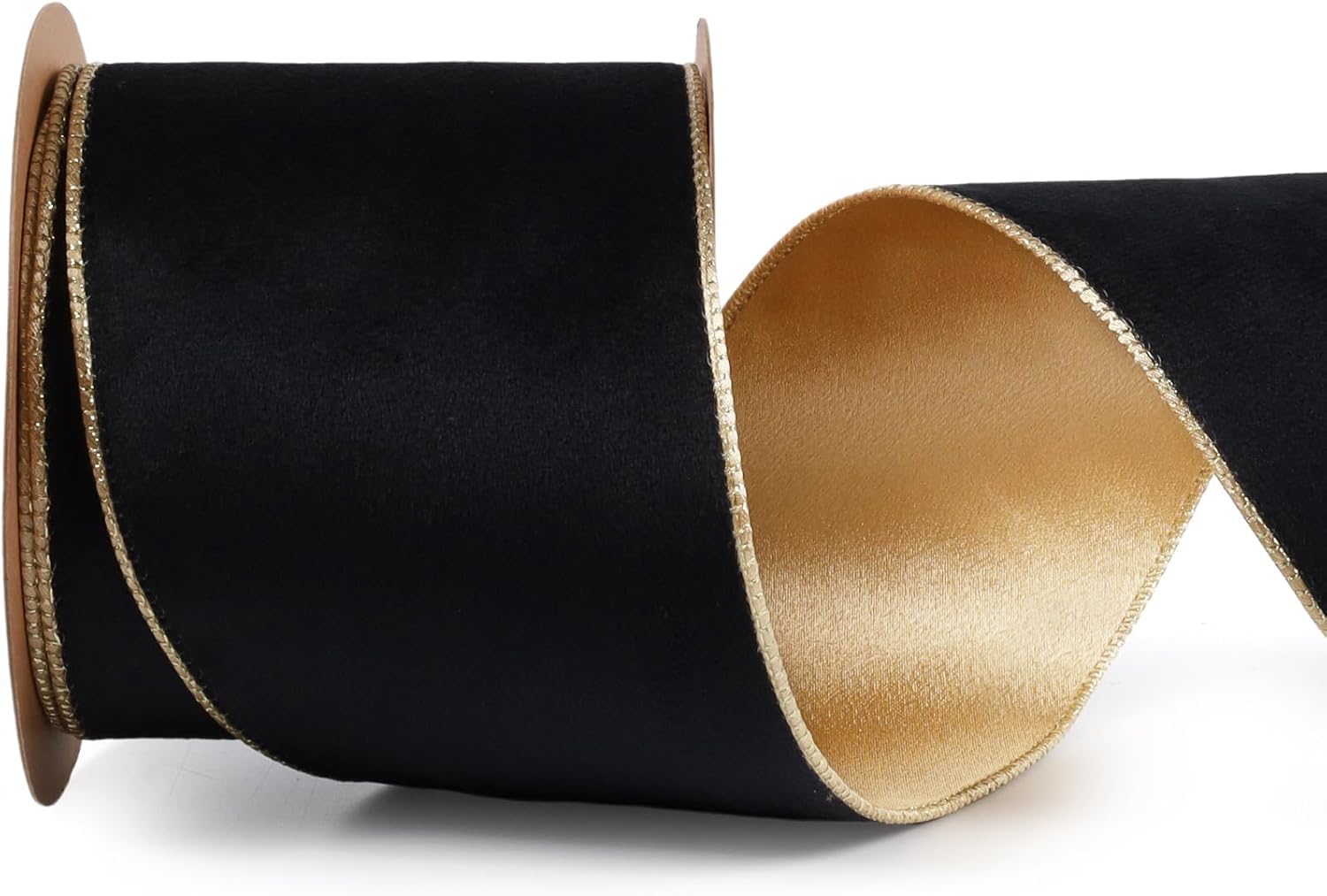 LaRibbons Black Velvet Wired Ribbon, Gold Edge, Gold Satin Back, 4 Inch