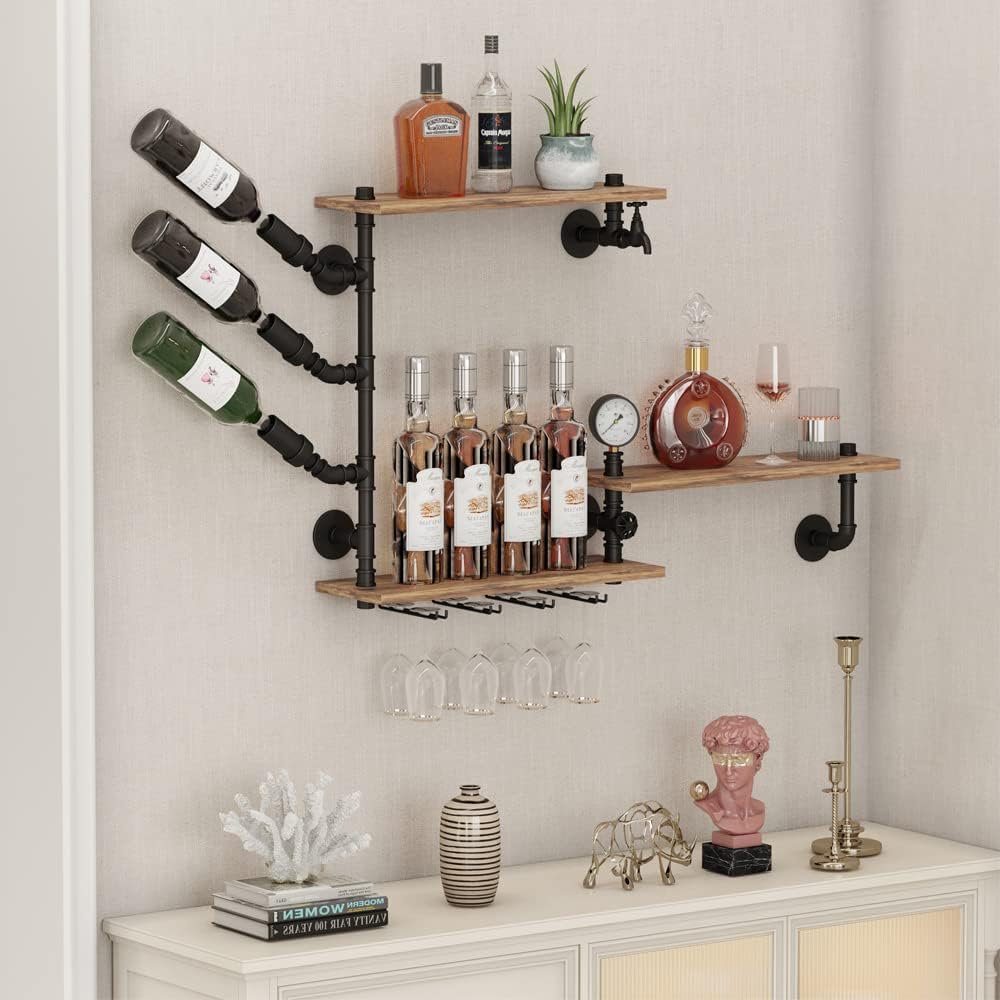 HEONITURE 3 Tier Industrial Wall Wine Rack, 46in Floating Bar Liquor Shelves with 4