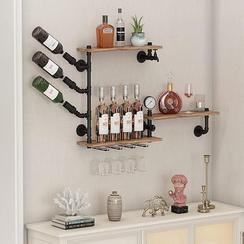 Estante industrial de pared para vino de 3 niveles, estantes flotantes de 46 pulgadas con soporte para vidrio de 4 vástagos, estante para copas de