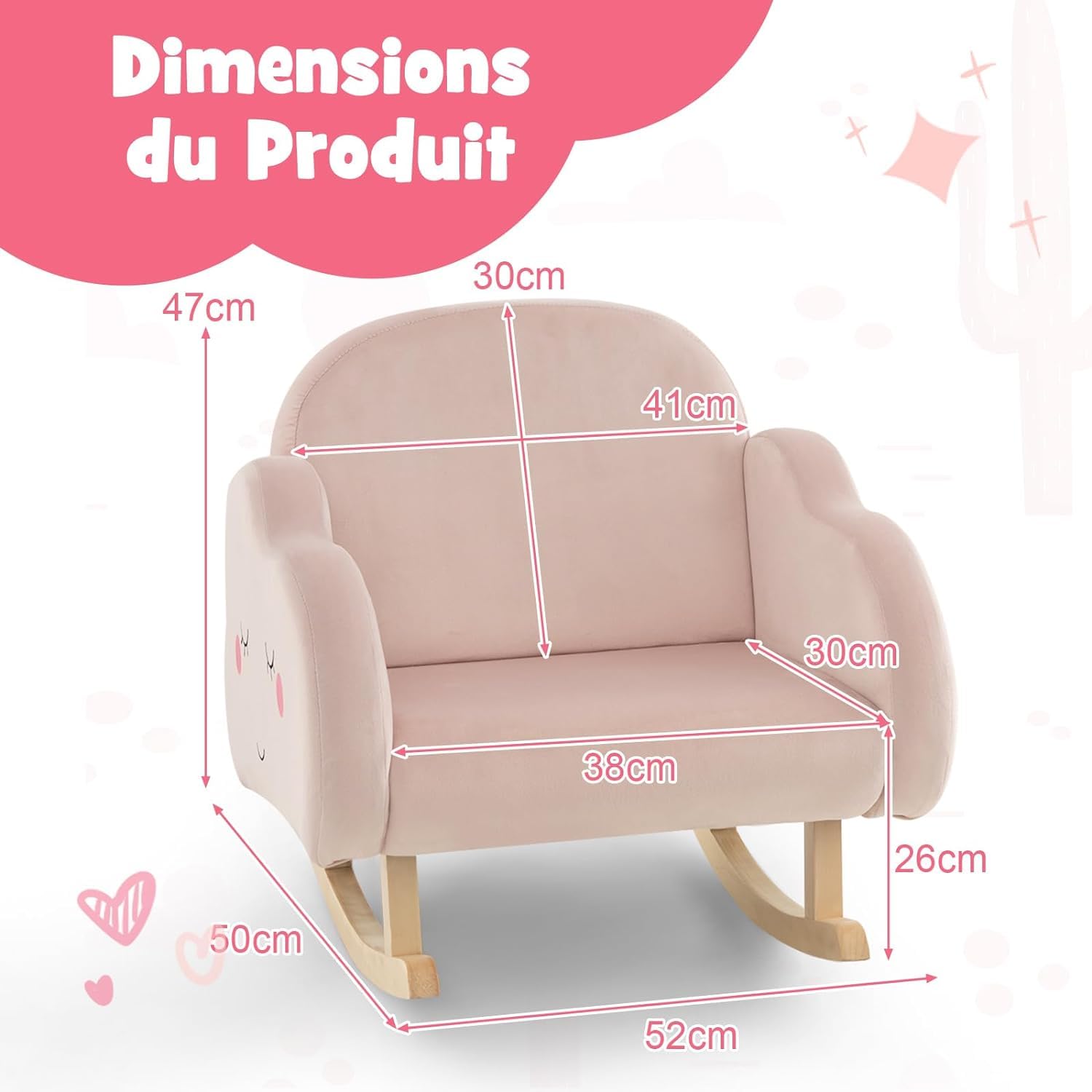 GOPLUS Fauteuil à Bascule Enfant, Fauteuil Rembourré en Éponge avec Pieds en Bois Massif & Patins Antidérapants, Chaise à Bascule en Velours avec Accoudoirs, Cadeau pour Enfants 3-5 Ans, Rose