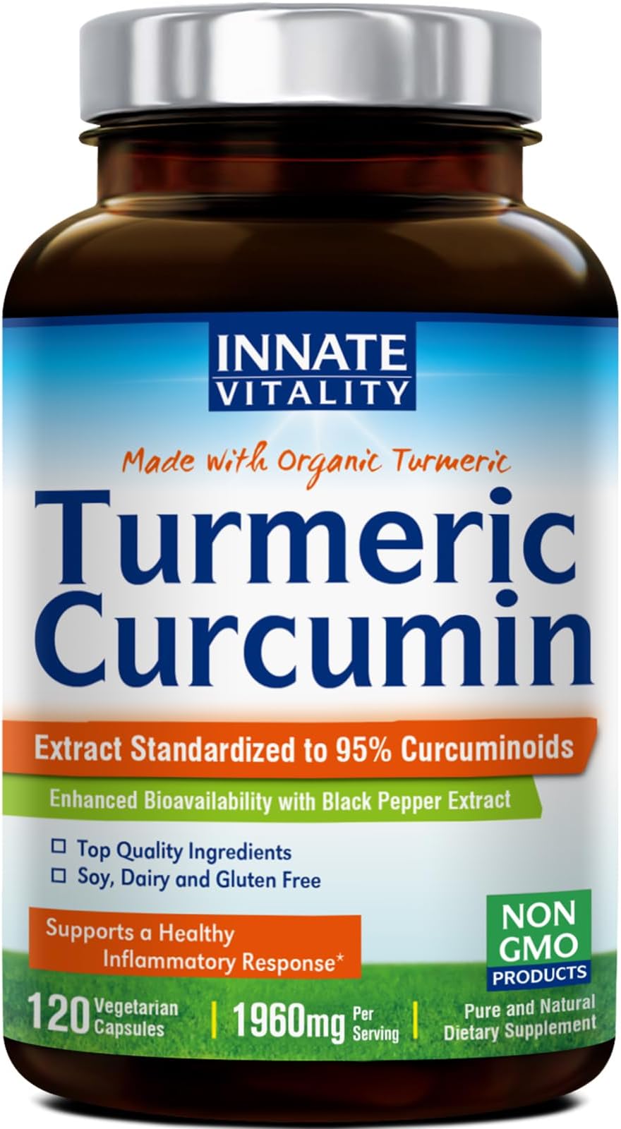 Turmeric Curcumin with Black Pepper, 1960mg, Organic Turmeric Root and Extract, 95% Standardized Curcuminoids, Non-GMO, No Gluten No Dairy No Soy, Antioxidant & Joint Support, 120 Turmeric Capsules