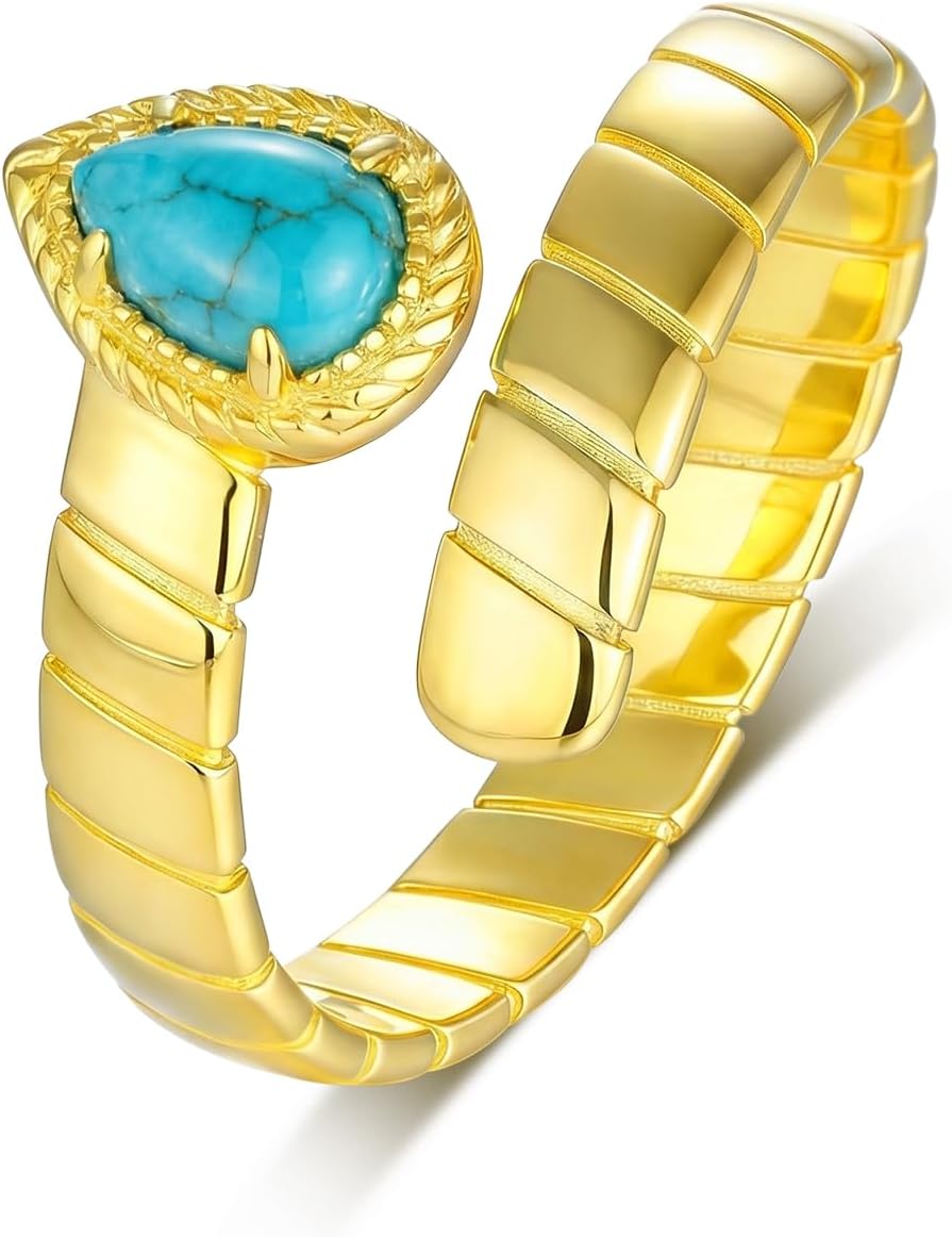 Genuine Turquoise Rings for Women 925 Sterling Silver Gold Plate Open Ring Nature Turquoises Rings Real Turquoise Jewelry for Women