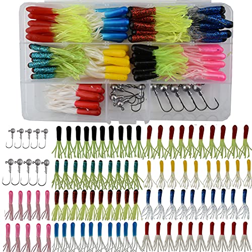 Lonkiktik Crappie Lures Jig Heads Kit, 100pcs 10 Colors Soft Fishing Worms Tubes Baits + 10pcs Fishing Jig Head Hooks Lures Kit Fishing Lure Tackle Set