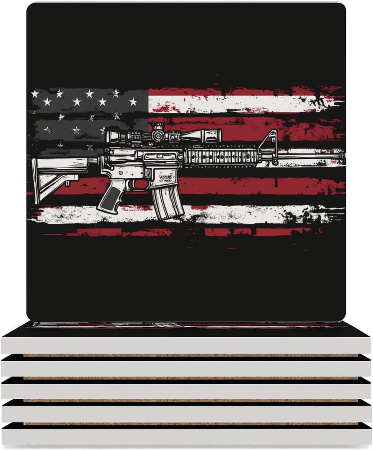 U.S Flag Guns Military Coasters for Drinks Square Table Coasters Set Cup Mats with Cork Base