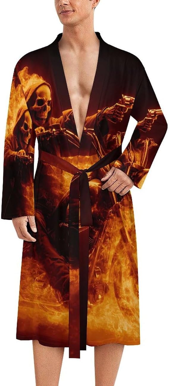 Skull Riding Motorcycle Mens Robe Soft Loungewear Bathrobe 2XL