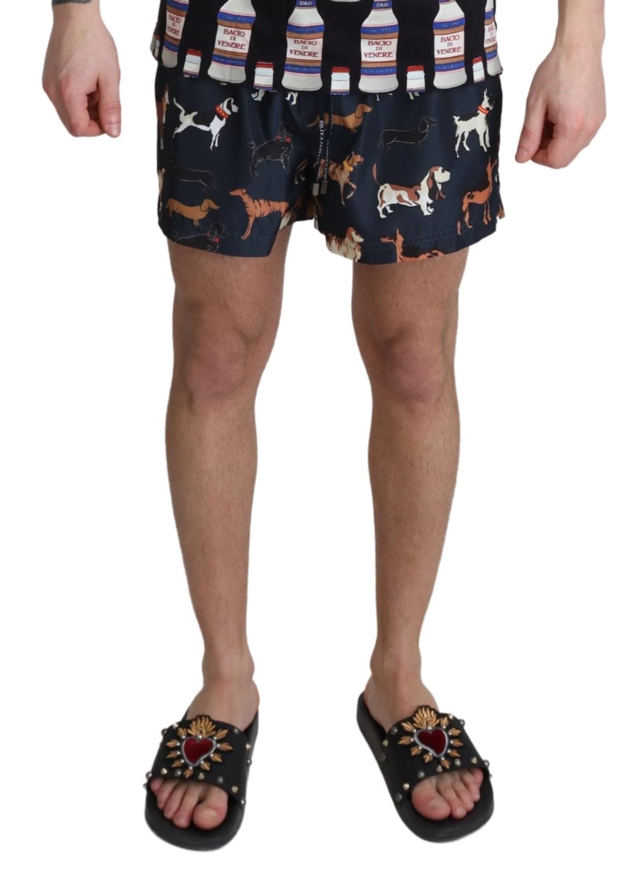 Dolce & Gabbana Niebieskie spodenki plażowe z nadrukiem psa męskie stroje kąpielowe