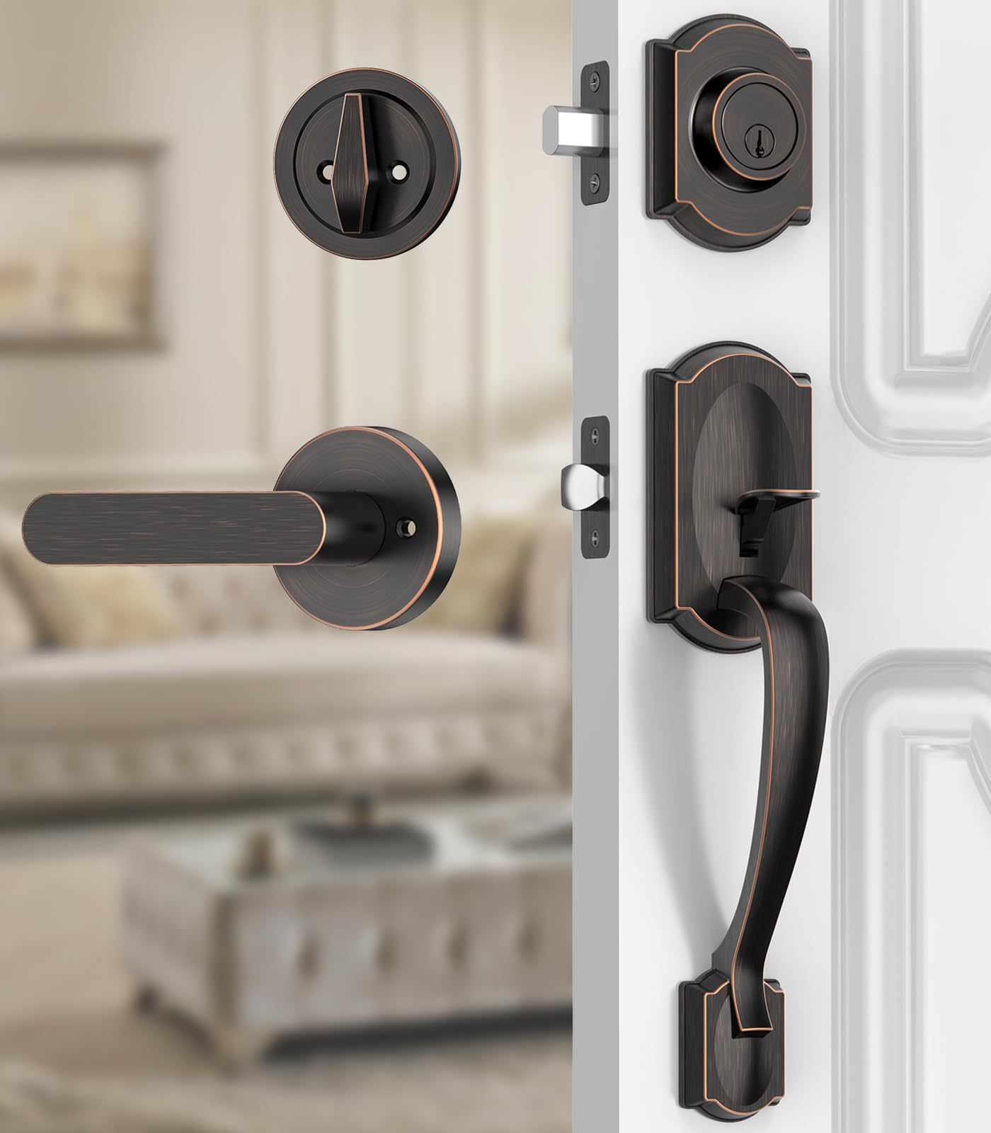 Front Door Lock Set, Front Door Handle and Deadbolt Set, Vintage Exterior Door Lock Set, Front Door Handle with Single Cylinder, Reversible for Right &amp; Left, Oil Rubbed Bronze