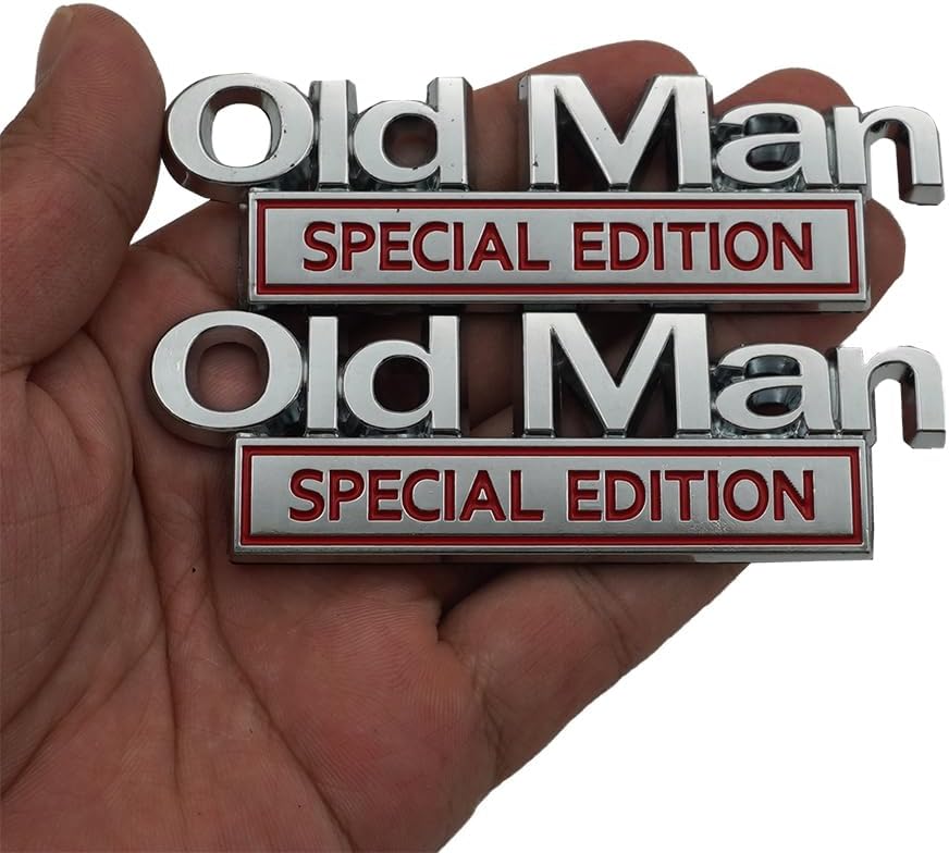 Pair Set Old Man Special Edition Emblems 3D Metal Badge Decal Sticker Car Truck Replacement for Universal Vehicle Truck SUV Door Window Scooter (Silver Red)