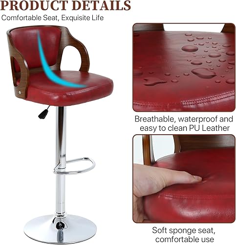 Miniatura 4 de Dkelincs Juego de 2 taburetes de bar, taburetes de bar giratorios ajustables en altura de mostrador con respaldo y brazos, moderno taburete de bar