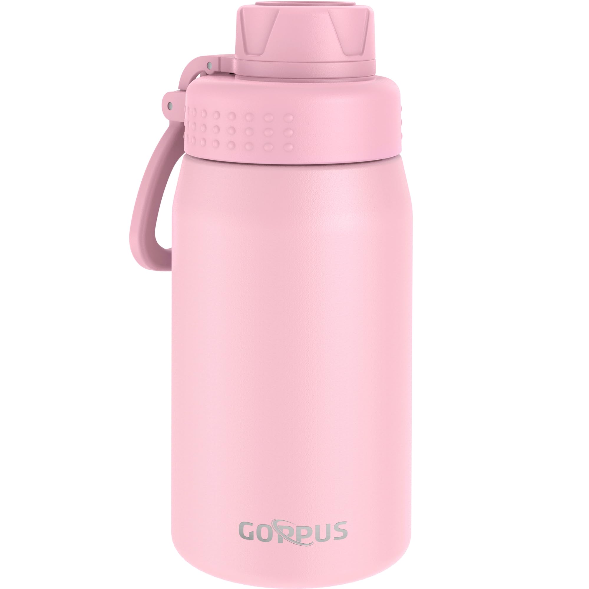 GOPPUS 420ml/15oz Kids Insulated Water Bottle with Screw Lid (No Straw) Stainless Steel Toddler Bottle School Flask Girls Boys Drinks Cup with Handle & Leakproof & Keep Drinks Cold (Pink)