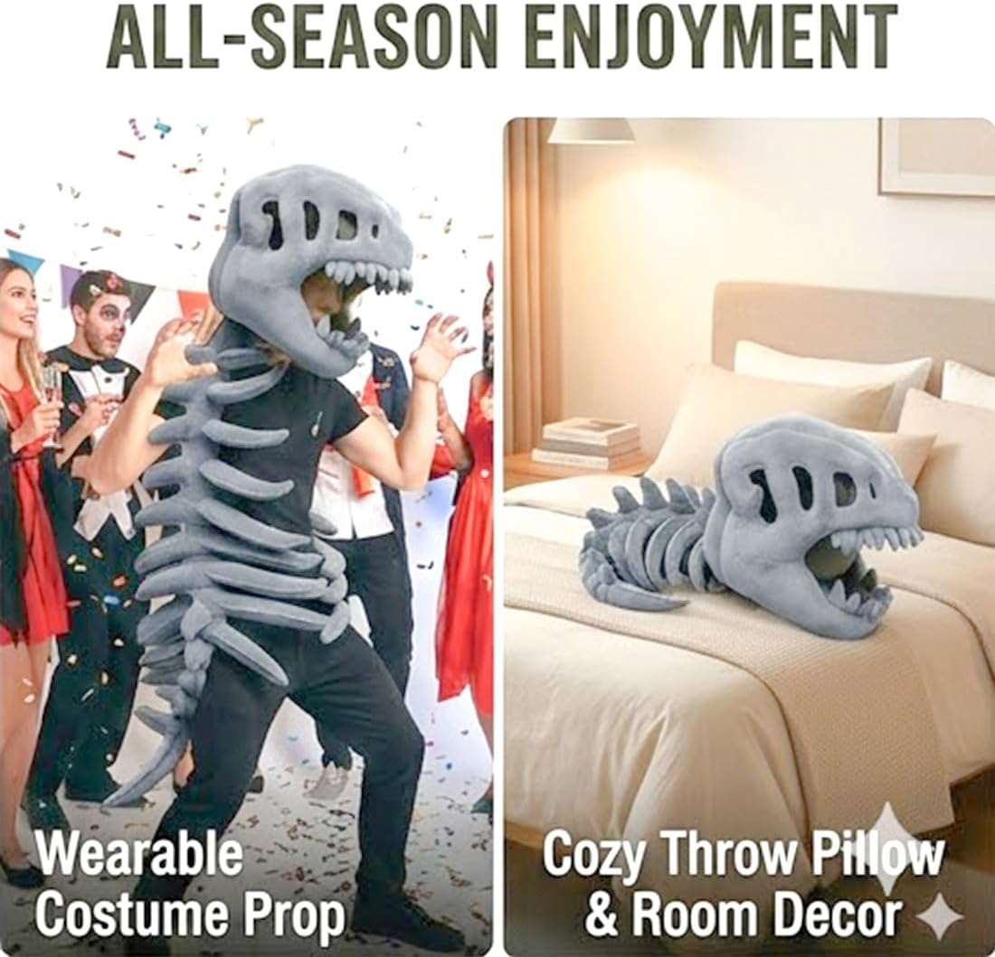 Dinosaur Skeleton Costume, Realistic 3D Spinosaurus Skull Hat & Spine Plush Prop for Cosplay