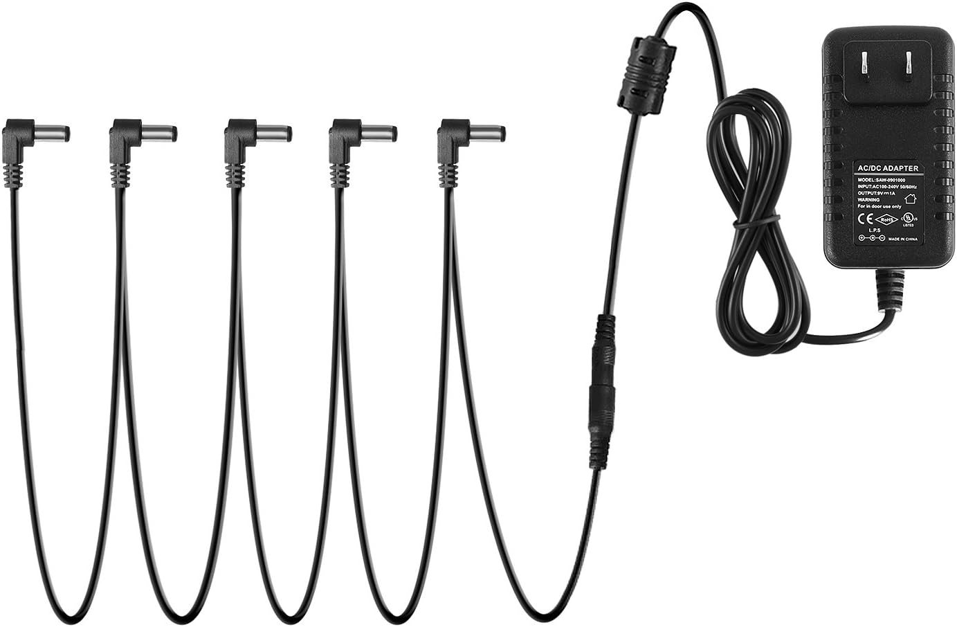 Donner Dpa-1 Pedal Power Supply Charging Adapter 9V Dc 1A Tip Negative 5 Way Daisy Chain Cables For Effect Pedal (Black)
