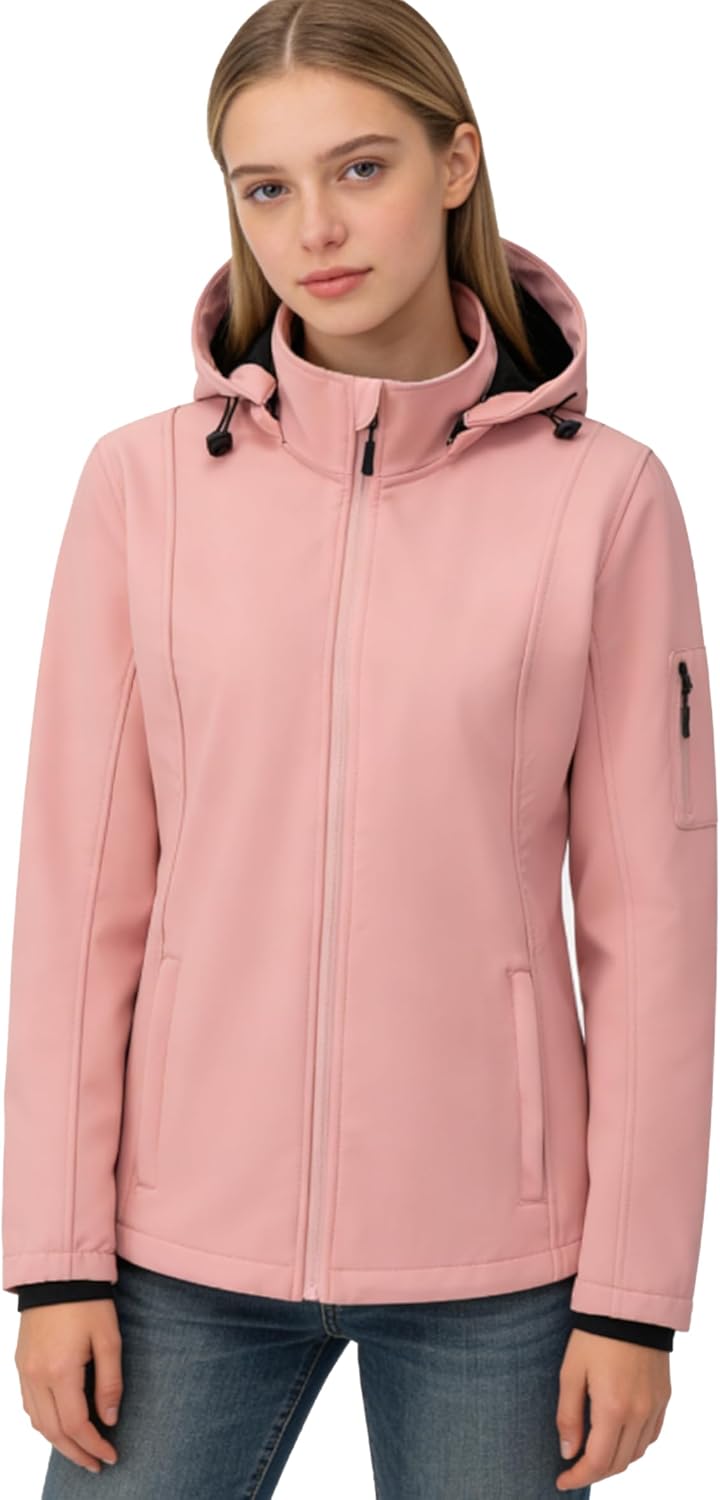 GGleaf Women's Fleece Lined Softshell Jacket Waterproof Hooded Warm Coat for Outdoor Hiking, Spring Fall Winter Rain Jacket