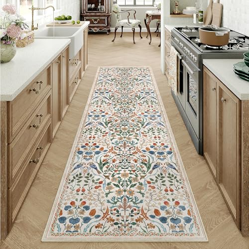 PureCozy LäUfer Flur Teppich 60x240cm Blumenmuster kurzflor rutschfest Weich Retro Waschbarer Teppiche für Küchen Hallway Bettvorleger Schlafzimmer Wohnzimmer Carpet, Beige Floral / Beige 60