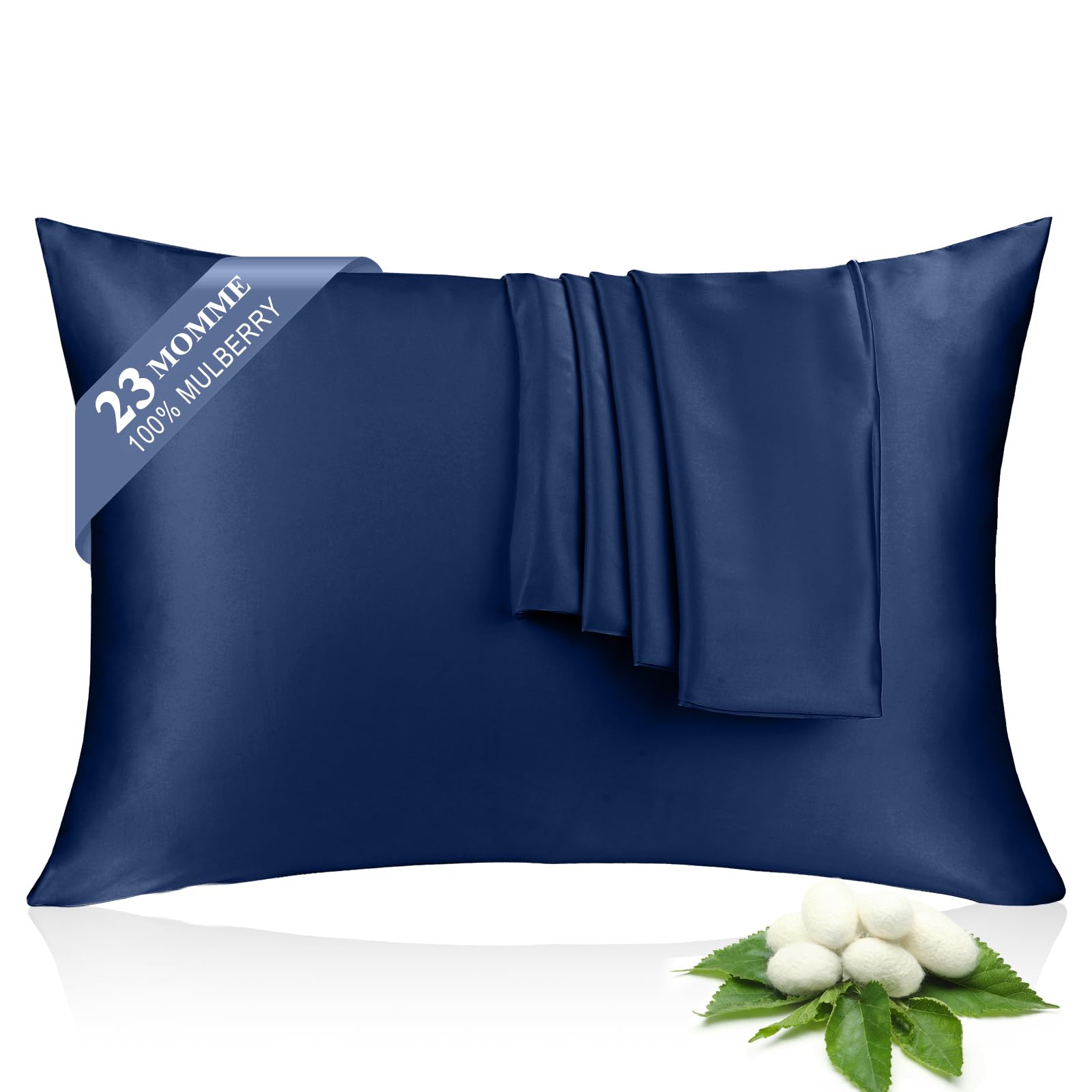 100% Silk Pillowcase 2 Pack for Hair and Skin, Both Sides 23 Momme Grade 6A+ Mulberry Silk Pillowcases with Hidden Zipper, Soft&Smooth Cooling Pillow Cases (Navy Blue, Standard 20×26)