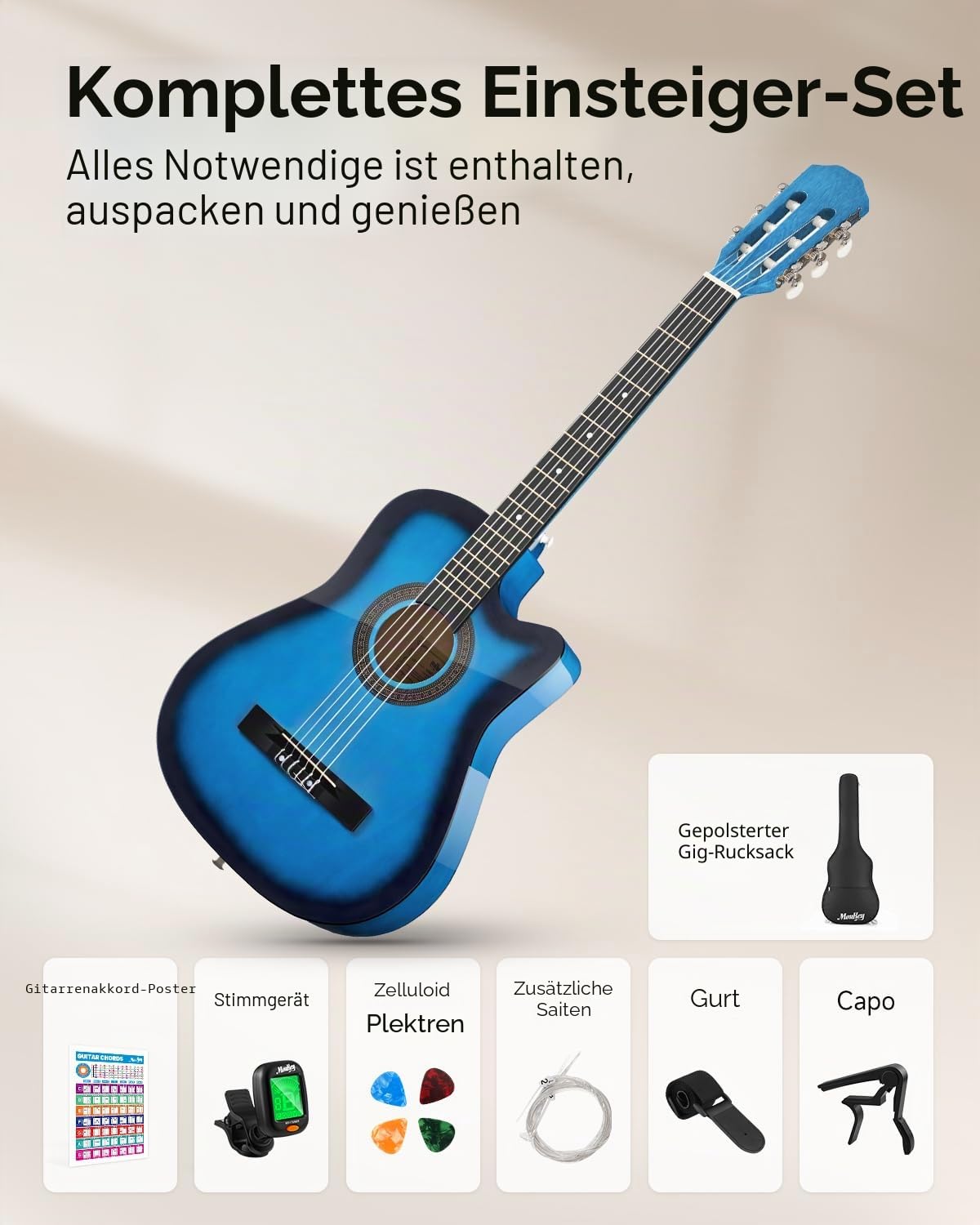 Moukey Akustikgitarre für Anfänger, Kinder, Jugendliche, Erwachsene, Cutaway-Gitarre, Acustica-Kit mit Akkord-Poster, Gigbag, Stimmgerät, Plektren, Nylonsaiten, Kapodaster, Gurt, Blau