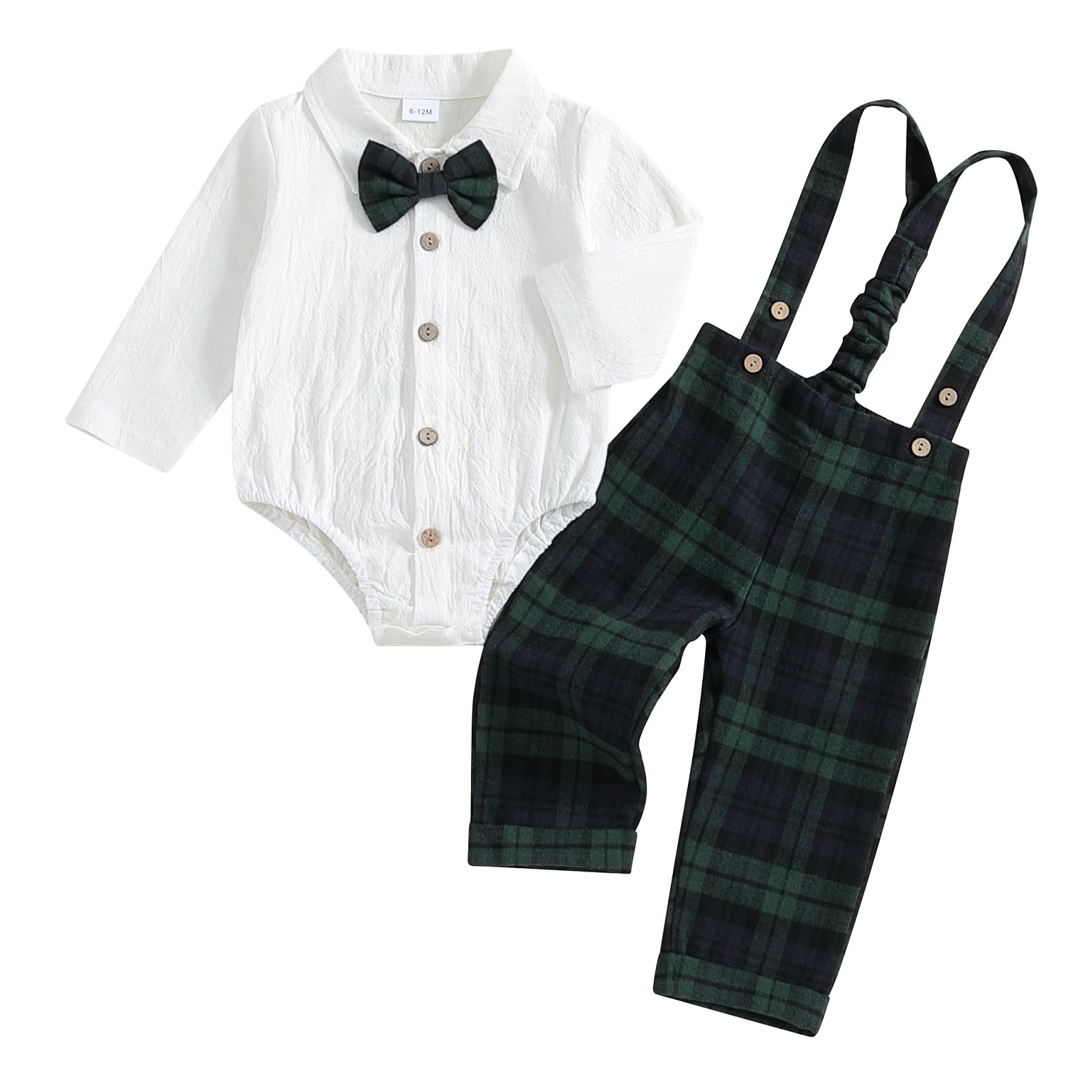 Baby Boys Gentleman 3Pcs Outfits Long Sleeve Lapel Neck Button Romper Plaid Suspender Long Pants Bowtie Set 0-18M