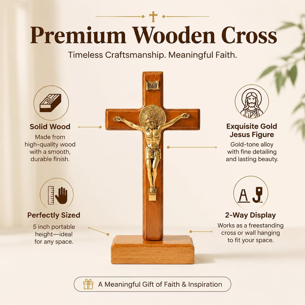 Wooden Crucifix Stand and Wall Cross, 5.5in Small Jesus Cross for Home Decor, Catholic Cross Decor, Prayer Cross, Standing Cross for Table, Shelf, Bedroom, Office, Religious Gift