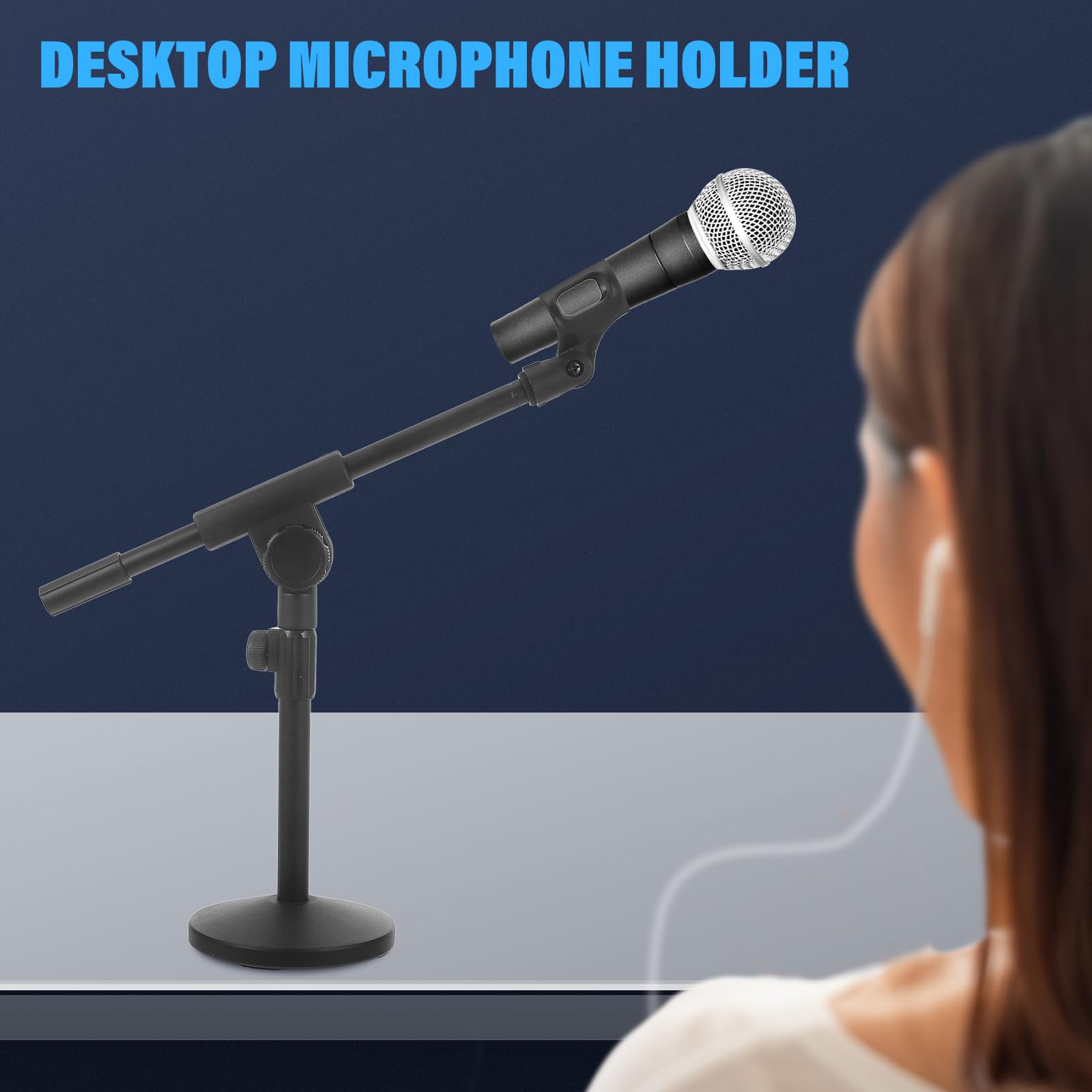 Soporte para Micrófono de Escritorio Ajustable de Hierro Negro | Brazo Regulable, Base Redonda, Estabilidad Mejorada para Mesa, Diseño Compacto con Altura Ajustable